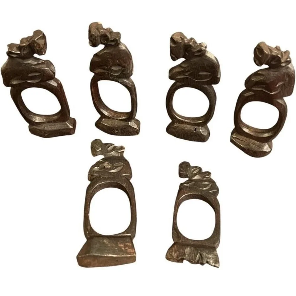 VTG Set of 8 Carved Wood African Safari Animal Wooden Napkin Ring Holder 3-4